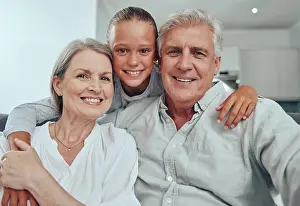 Grandparents Prints: Love, family and portrait by girl and grandparents on sofa for bond