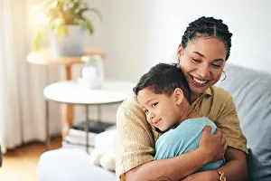 Lounge Prints: Love, home mom and happy kid hug parent for support