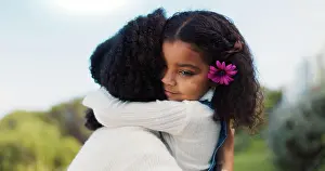 Emotions Prints: Love, hug and mother in park, girl and bonding together with happiness