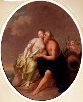 Fictional Being Prints: Love scene with nymph, older man and Eros