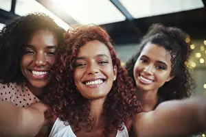 Selfie Prints: Love, selfie and smile with woman friends at social gathering together for new year eve party