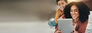 Tablet Prints: Love, tablet or mother with child on a bed with mockup