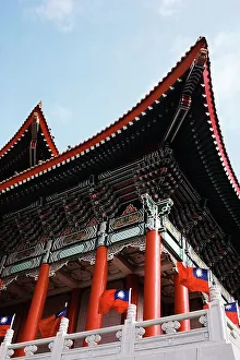 Taiwan Prints: Low angle view of flags flying on the balcony of the National Theater