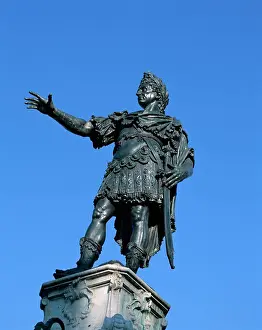 Emperor Prints: Low angle view of statue of Emperor Augustus, Augsburg, Romantic Road, Bavaria, Germany