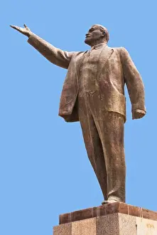 Ussr Prints: Low angle view of statue of Lenin, Baikonur, Kazakhstan
