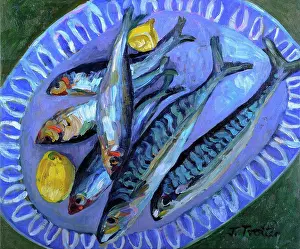 Platter Prints: Mackerel by Josephine Trotter (b.1940/British) oil on canvas