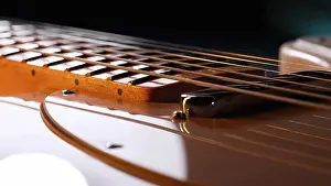 Electric Prints: Macro of strings on electric guitar fretboard. Details of instrument close-up