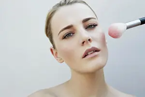 Skincare Prints: Makeup artist applying blush on a model's cheek