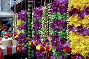 Malaysian Prints: Malaysia, Kuala Lumpur, Row Of Hanging Flower Garlands Ouside An Indian Temple