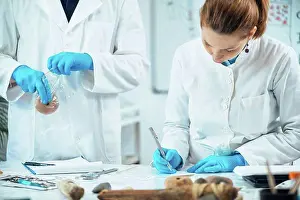 Measuring Prints: Male archaeologist putting ancient weight in a plastic bag