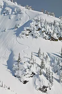male backcountry snowboarder sprays powder revelstoke mountain backcountry