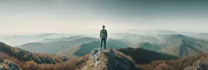 Success Prints: Male hiker on top of the mountain. Generative AI