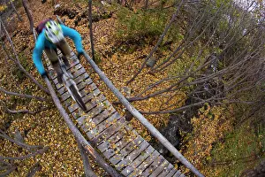 Protective Wear Prints: A male mountain biker rides the amazing trails of Carcross, Yukon during the fall colors