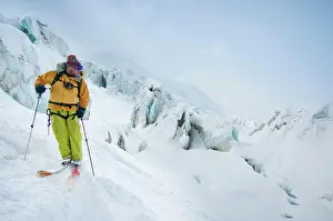 Vacationing Prints: Man backcountry skiing, Vallee Blanche, Chamonix, Haute-Savoie, France