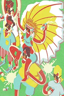 Convention Prints: Man carrying on shoulders woman wearing tribal feather headdress