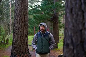 Gear Prints: Man, hiking and forest for wellness with backpack