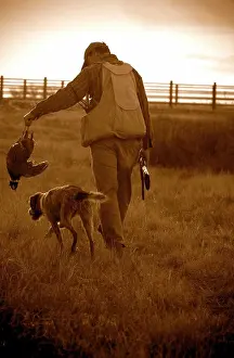 Pheasant Prints: A man holding a pheasant walks alongside his dog in Montana (sepia)
