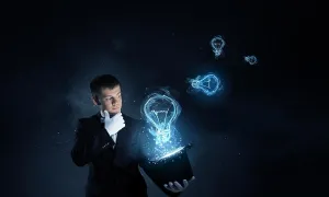 Beam Prints: Man magician with cylinder hat. Young cheerful businessman making tricks with magic hat