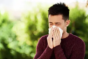 Allergy Prints: Man, outdoor and sick with tissue for allergies or pollen