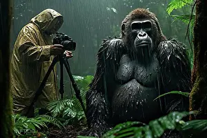 Jungles Prints: Man photographing a gorilla in the rain forest, AI Generated