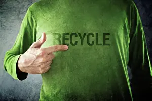 Activist Prints: Man pointing to recycle printed on his shirt