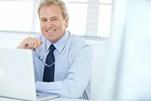 Financial Prints: Man, portrait and laptop for financial advisor in office