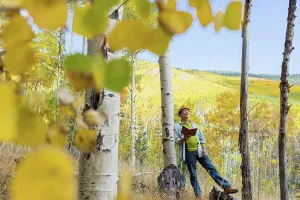 Light Hearted Prints: Man reading book in autumn forest