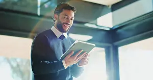Tablet Prints: Man, realtor and tablet in office for smile