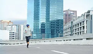 Runner Prints: Man, road and bridge with running for fitness or training