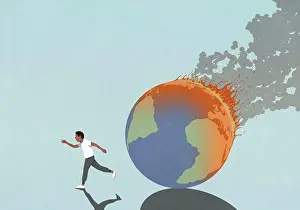 Globe Prints: Man running away from burning globe
