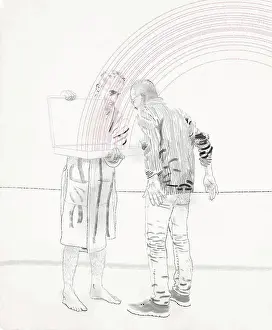Surprised Prints: Man showing open box with rainbow to other man