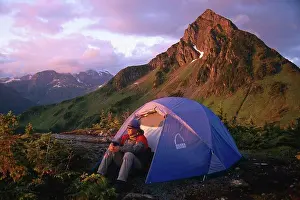Tent Prints: Man Sitting Outside Tent @ Campsite in Evening Coast Mtns Southeast Alaska Summer
