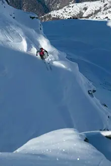 Skier Prints: Man, Skiing, Powderturn, Downhill, Valley, St Luc, Chandolin, Valais, Switzerland