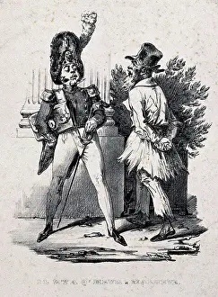 Soldiers Prints: A man in soldier's uniform is walking past an old man in tattered clothing. Lithograph
