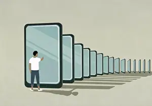 Device Screen Prints: Man standing at smart phone dominoes