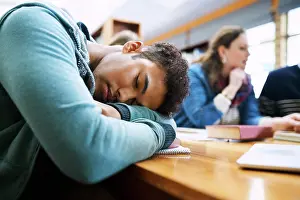 Students Prints: Man, student and sleep in library with group