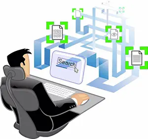 Electronics Prints: Man using a computer to do online search, illustration