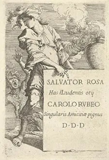 Screaming Prints: A man wearing a plumed hat pointing at an inscribed block while looking over his right shoulder at a screaming man