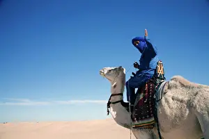 Hobbies Prints: A man wearing a traditional blue robe and headscarf, waves from his white camel
