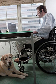 Business And Occupation Prints: Man in a wheelchair with a Spinal Cord Injury and a headset working at desk in a home office with a service dog