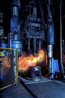 Industrious Prints: Manufacturing machine shaping red hot steel in foundry