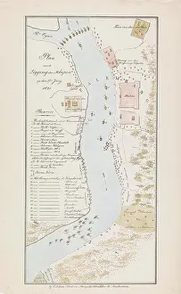 Ships Prints: Map of the river at Palembang, 1821; Plan of the location of the ships on the 27th Juny 1821