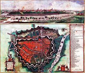 Maps Prints: Map showing the fortifications of Danzig; Dated to 1687