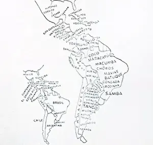 Chile Prints: Map of South America and the most popular forms of dance for the different countries
