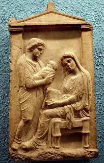 Family Prints: Marble tombstone of Timarete. The tombstone depicts the deceased offering a bird to a kneeling infant