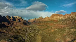 MARCH 2023, ZION NATIONAL PARK, SPRINGDALE, UTAH - USA - aerial drone view of Zion National park, Springdale, Utah