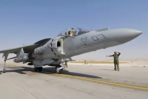 Cockpit Prints: A US Marine Corps AV-8B Harrier Ready to Launch at Al Asad Air Base in Iraq's Al Anbar Province