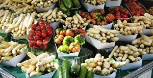 Vegetables Prints: Market stall with fresh spring season vegetables at Parisian street farmers market