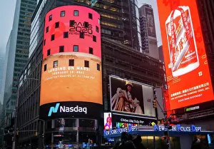 Times Square Prints: A Mars 2020 message is seen on the video board of the Nasdaq MarketSite after NASA's Perseverance rover landed