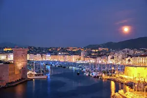 Blue Hour Prints: Marseille Old Port and Fort Saint-Jean illumintaed in night with moon